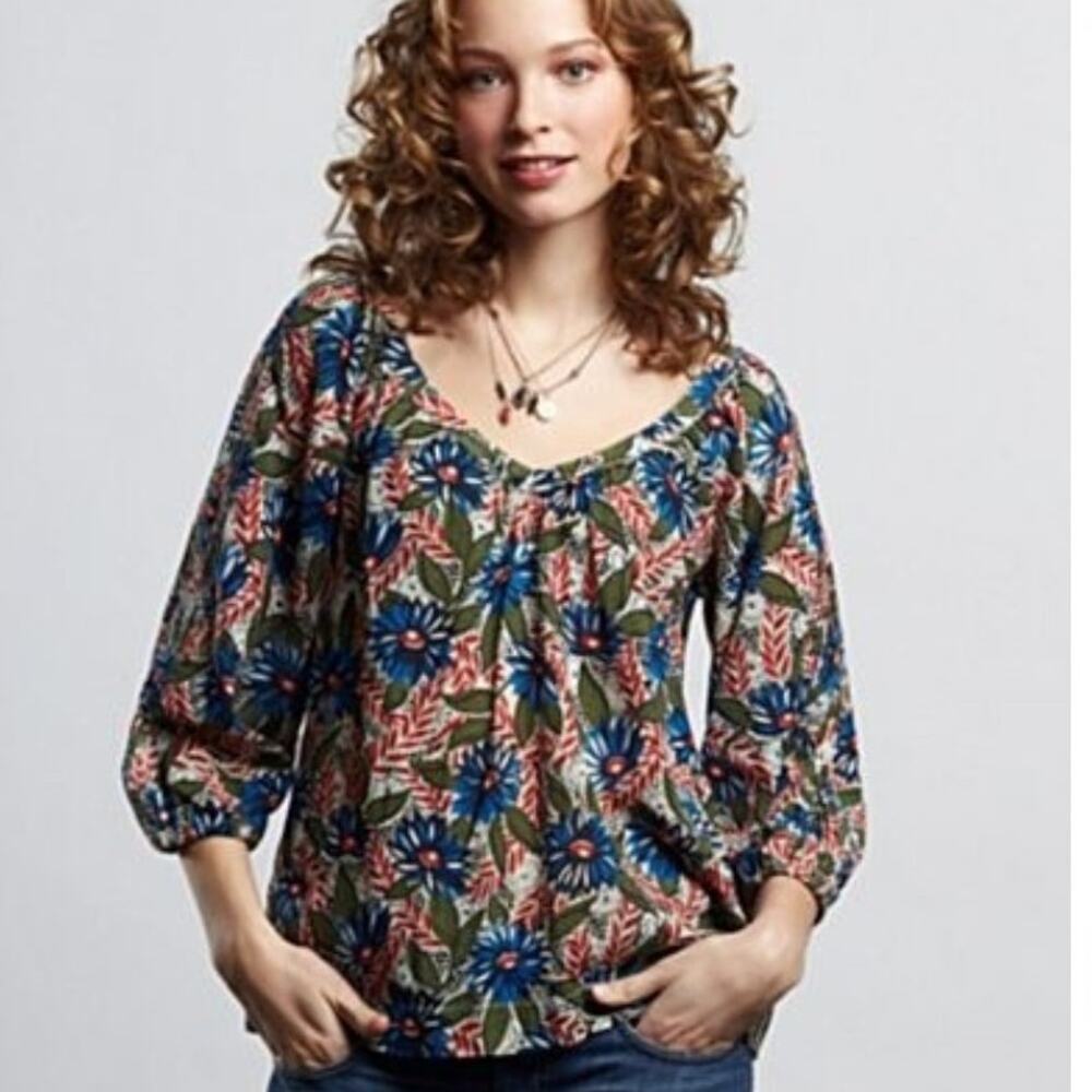 Lucky Brand Floral Top Womens XS Olive Blue Red V-Neck Cotton Boho Blouse